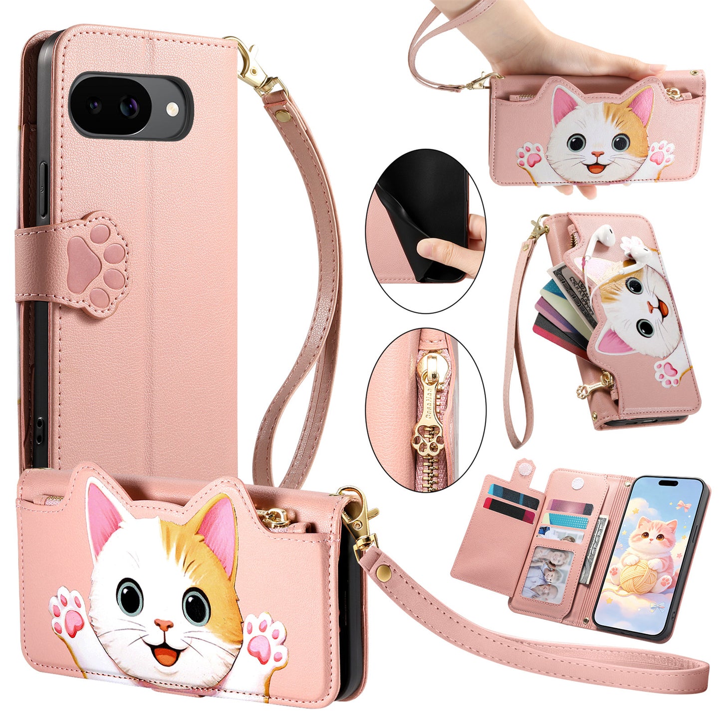 For Google Pixel 10a Case Cute Cat Pattern PU Leather Wallet Phone Cover with Wrist Strap