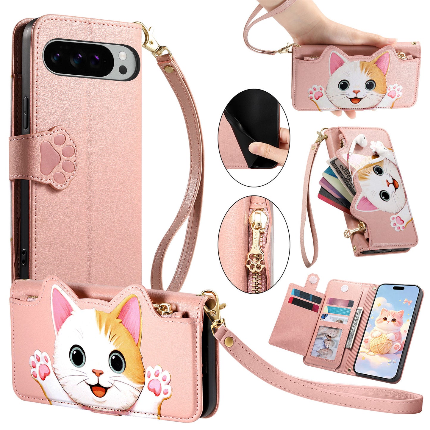 For Google Pixel 11 Pro Case Cute Cat Pattern PU Leather Wallet Phone Cover with Wrist Strap