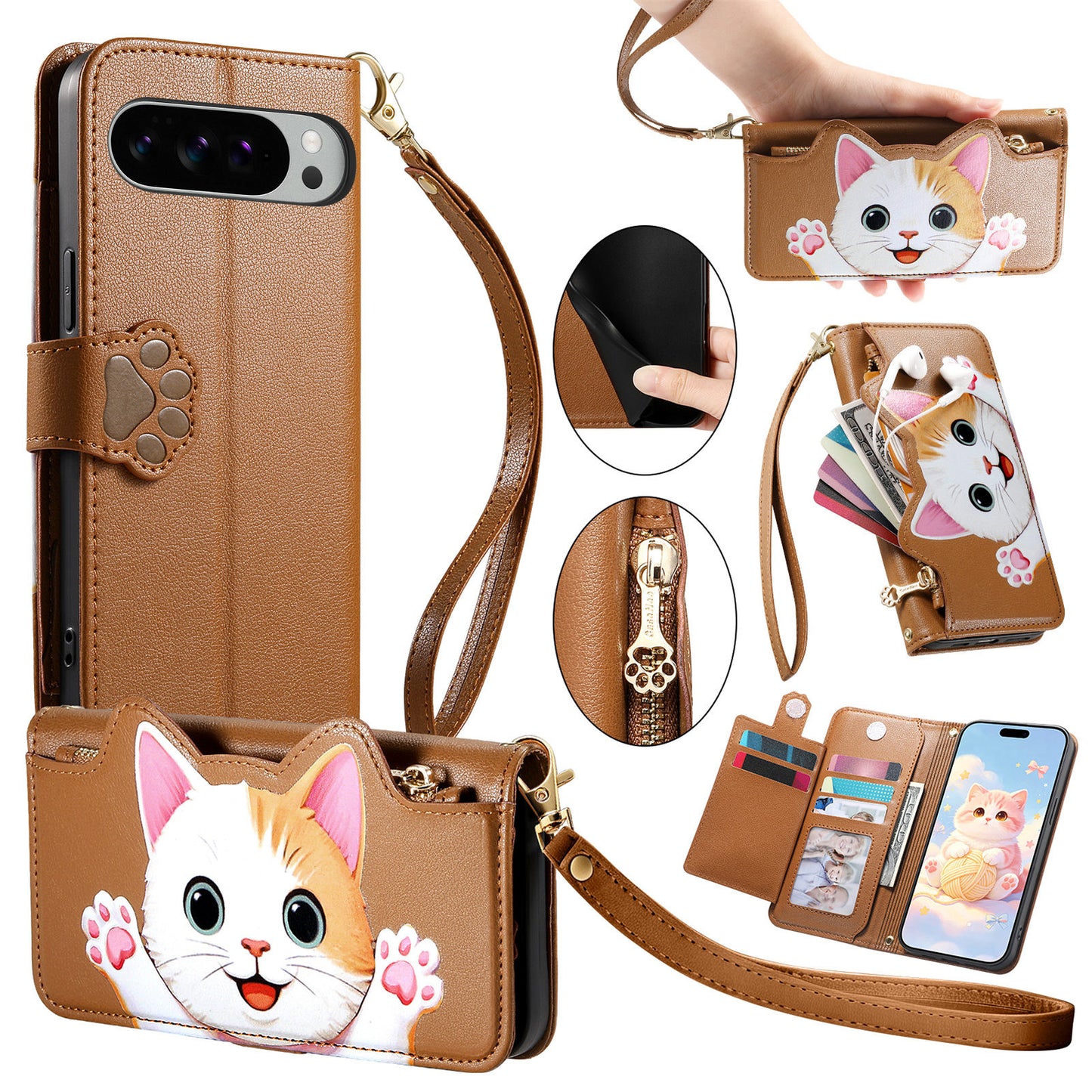 For Google Pixel 11 Pro XL Case Cute Cat Pattern PU Leather Wallet Phone Cover with Wrist Strap