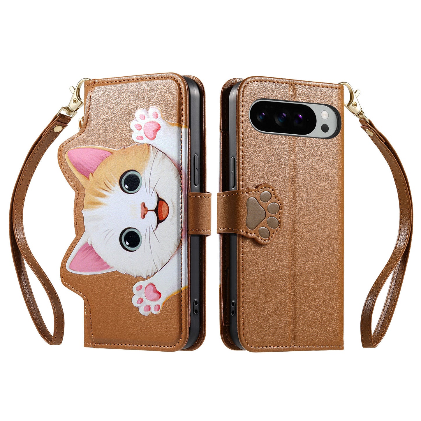 For Google Pixel 11 Pro XL Case Cute Cat Pattern PU Leather Wallet Phone Cover with Wrist Strap