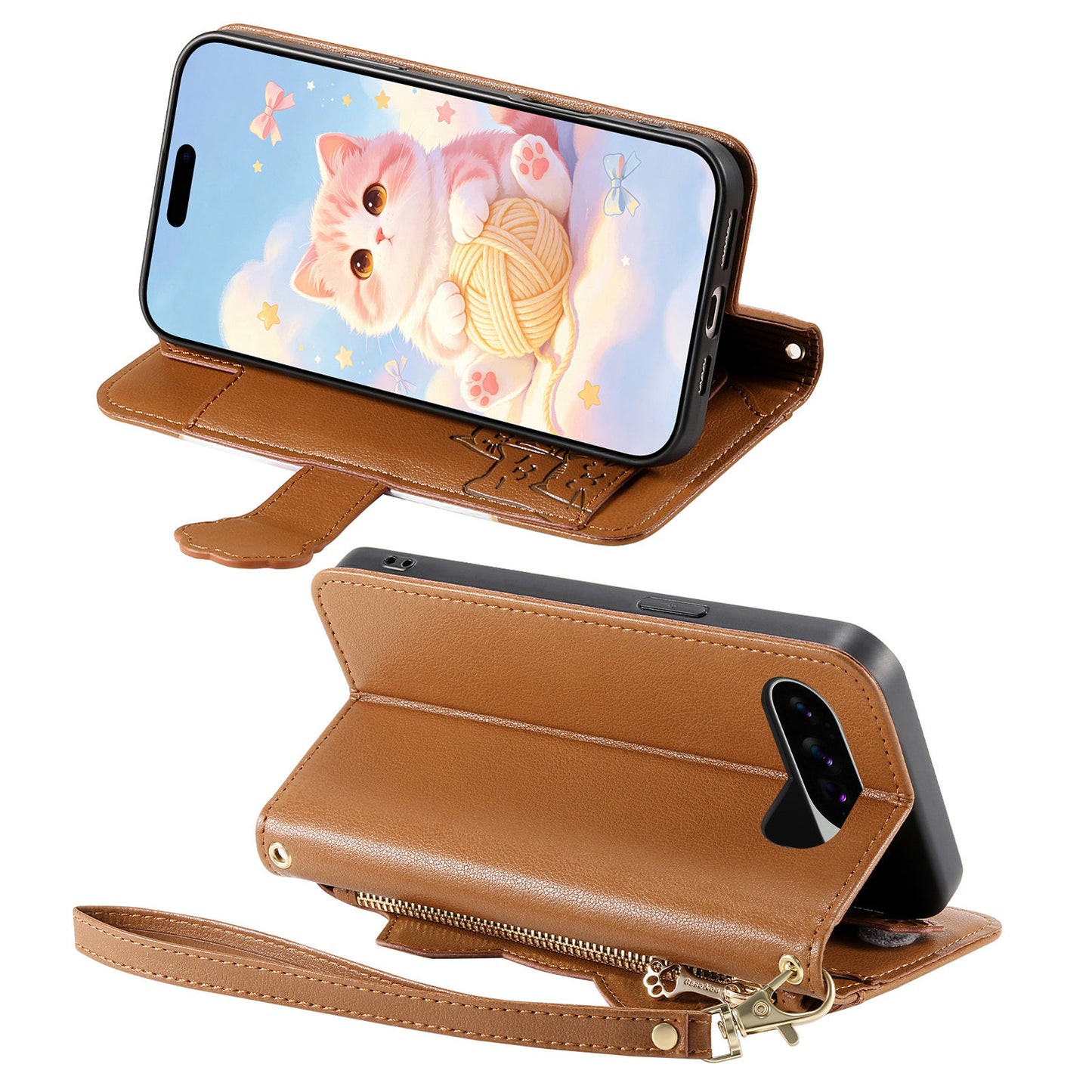 For Google Pixel 11 Pro XL Case Cute Cat Pattern PU Leather Wallet Phone Cover with Wrist Strap