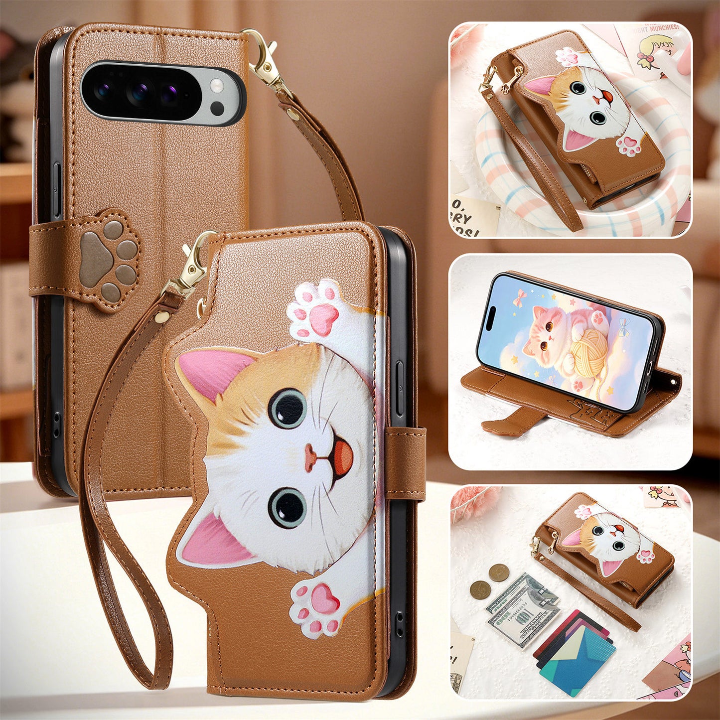 For Google Pixel 11 Pro XL Case Cute Cat Pattern PU Leather Wallet Phone Cover with Wrist Strap
