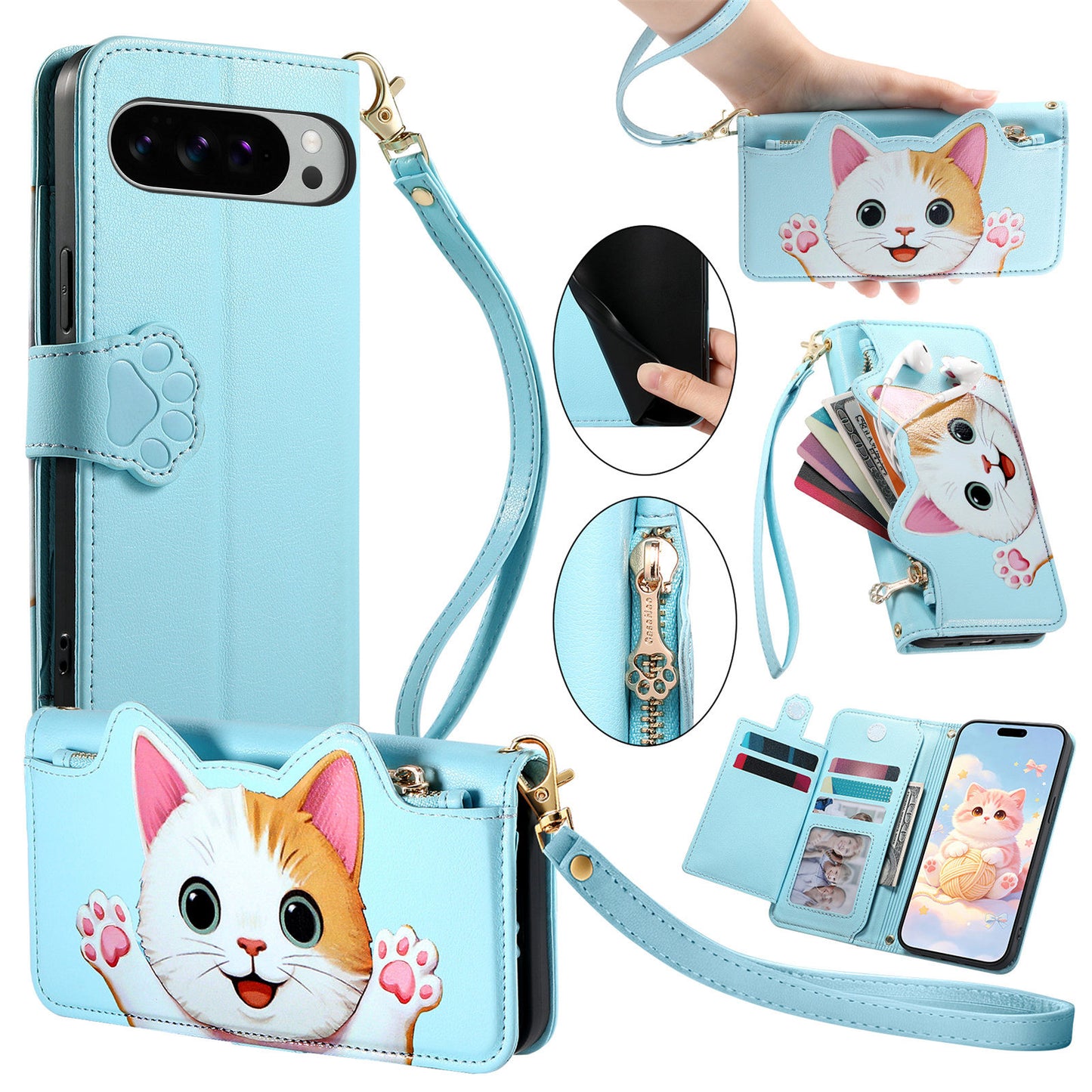 For Google Pixel 11 Pro XL Case Cute Cat Pattern PU Leather Wallet Phone Cover with Wrist Strap