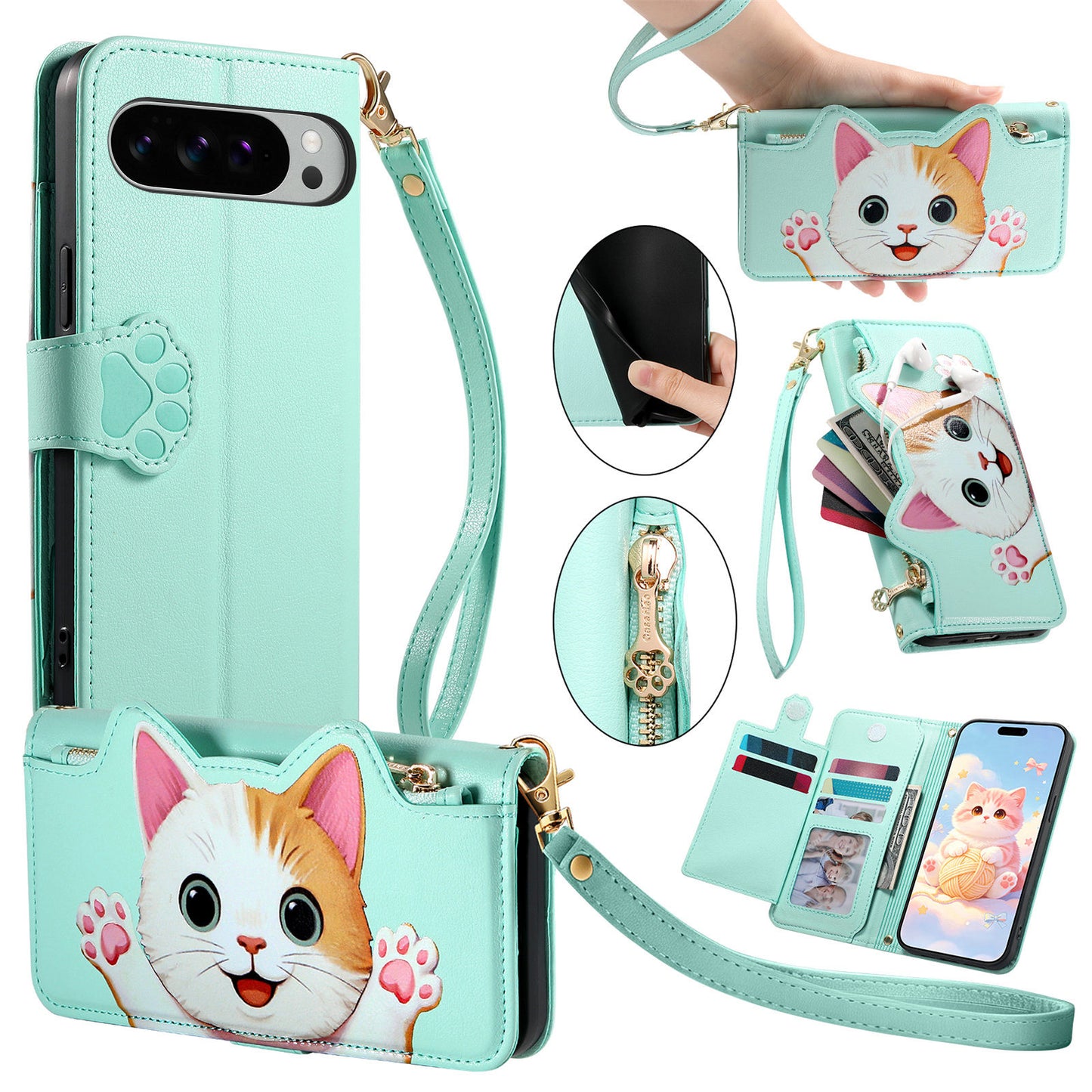 For Google Pixel 11 Pro XL Case Cute Cat Pattern PU Leather Wallet Phone Cover with Wrist Strap
