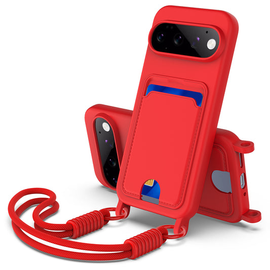 Google Pixel 11 Pro Handyhülle – Flüssige Silikonhülle mit Kartenhalter und kurzem Riemen