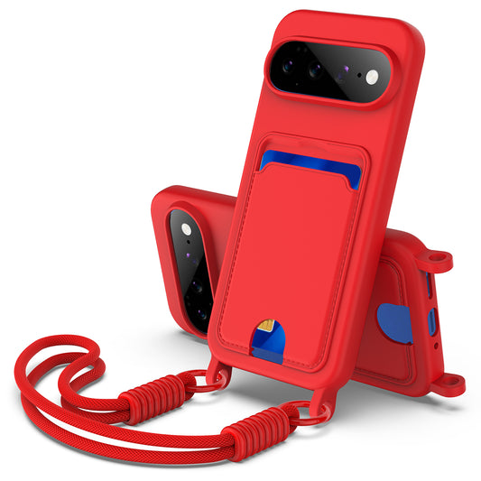 Google Pixel 11 Handyhülle – Flüssige Silikonhülle mit Kartenhalter und kurzem Riemen