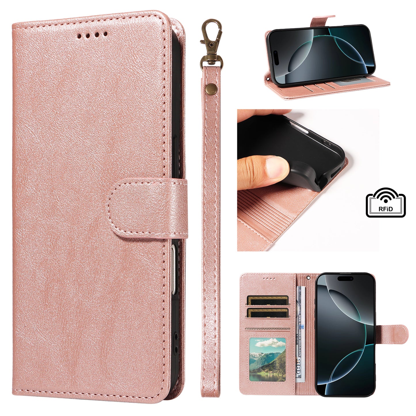 For iPhone 18 / iPhone 17 Case with Wrist Strap RFID Blocking Wallet Cowhide Texture Leather Phone Cover