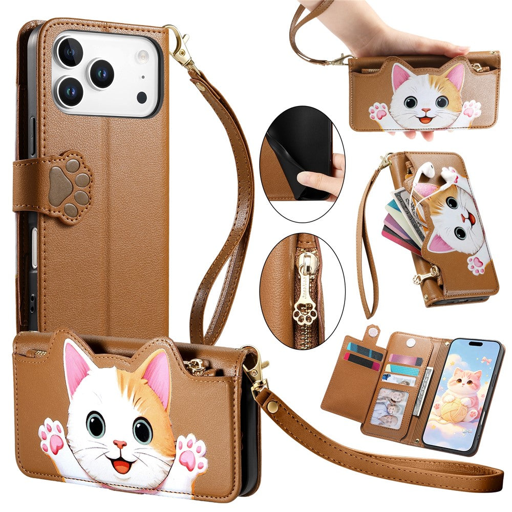 For iPhone 18 Pro Max / 17 Pro Max Leather Case Cartoon Cat Pattern Wallet Stand Phone Cover with Wrist Strap