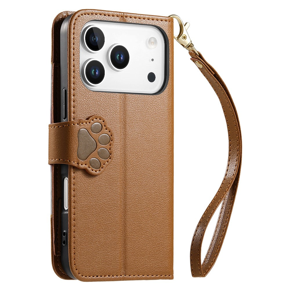 For iPhone 18 Pro Max / 17 Pro Max Leather Case Cartoon Cat Pattern Wallet Stand Phone Cover with Wrist Strap