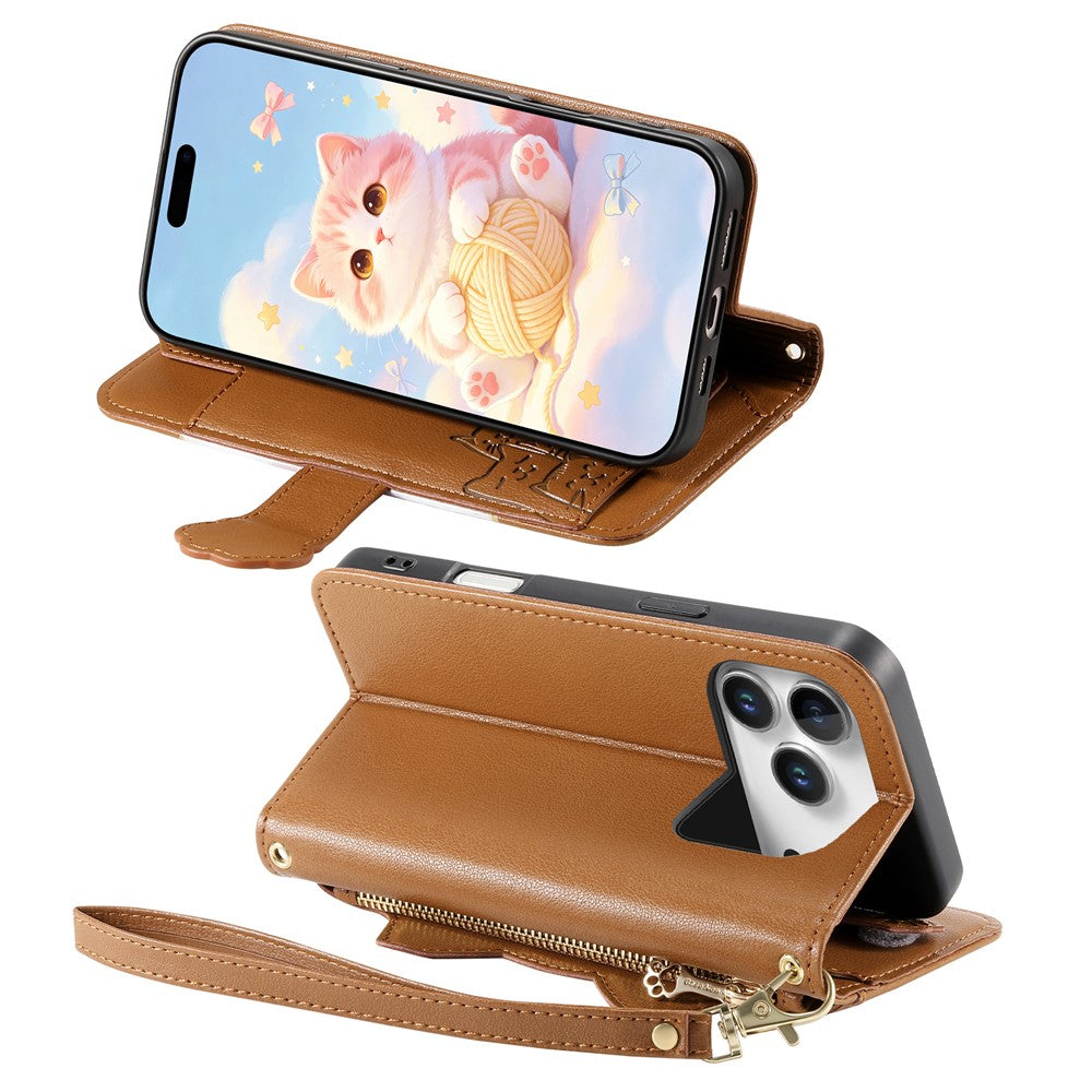 For iPhone 18 Pro Max / 17 Pro Max Leather Case Cartoon Cat Pattern Wallet Stand Phone Cover with Wrist Strap