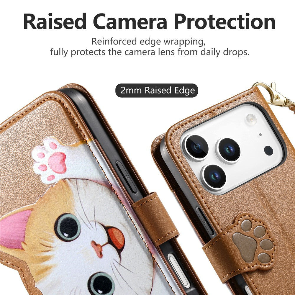 For iPhone 18 Pro Max / 17 Pro Max Leather Case Cartoon Cat Pattern Wallet Stand Phone Cover with Wrist Strap