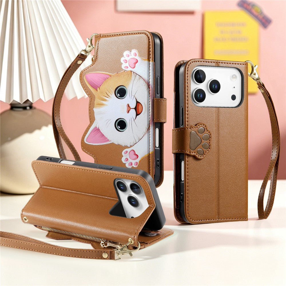 For iPhone 18 Pro Max / 17 Pro Max Leather Case Cartoon Cat Pattern Wallet Stand Phone Cover with Wrist Strap