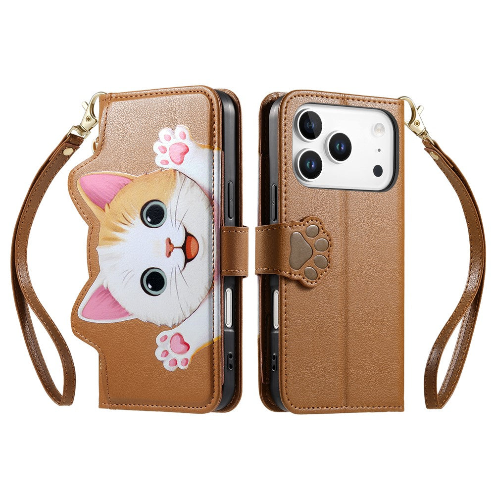 For iPhone 18 Pro Max / 17 Pro Max Leather Case Cartoon Cat Pattern Wallet Stand Phone Cover with Wrist Strap