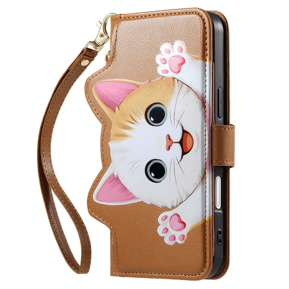 For iPhone 18 Pro Max / 17 Pro Max Leather Case Cartoon Cat Pattern Wallet Stand Phone Cover with Wrist Strap