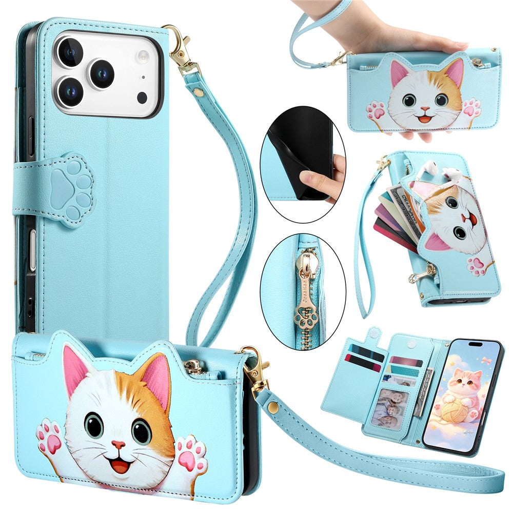 For iPhone 18 Pro Max / 17 Pro Max Leather Case Cartoon Cat Pattern Wallet Stand Phone Cover with Wrist Strap