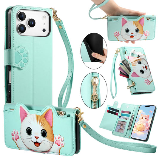 For iPhone 18 Pro Max / 17 Pro Max Leather Case Cartoon Cat Pattern Wallet Stand Phone Cover with Wrist Strap