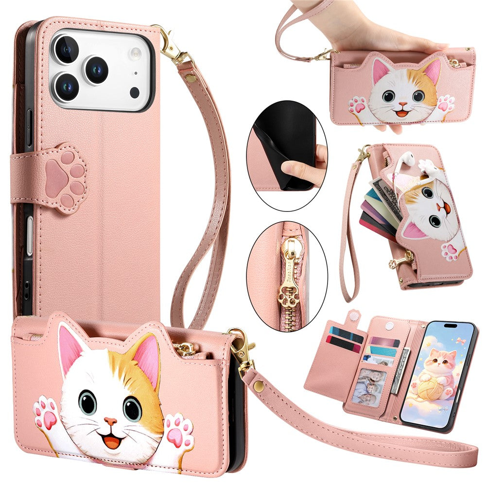 For iPhone 18 Pro Max / 17 Pro Max Leather Case Cartoon Cat Pattern Wallet Stand Phone Cover with Wrist Strap