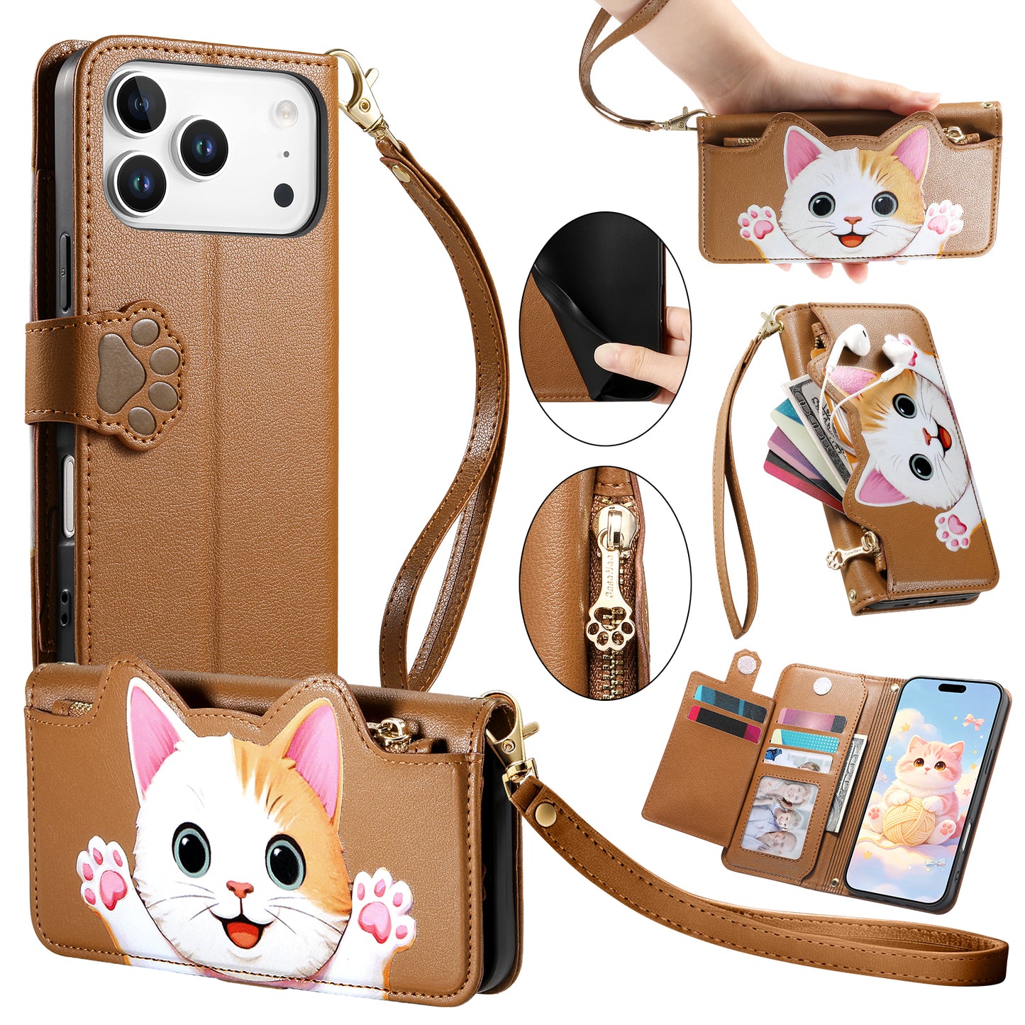For iPhone 18 Pro / 17 Pro Case Cute Cat Pattern PU Leather Wallet Phone Cover with Wrist Strap
