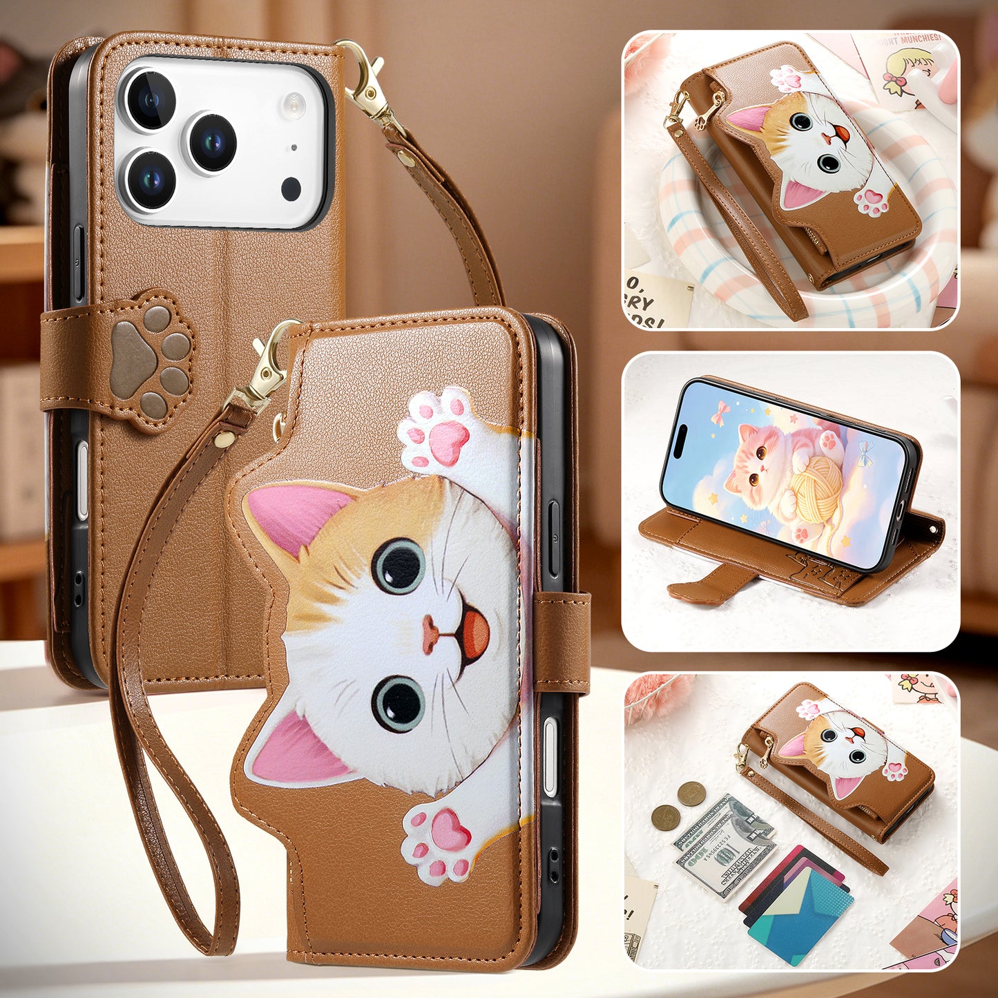 For iPhone 18 Pro / 17 Pro Case Cute Cat Pattern PU Leather Wallet Phone Cover with Wrist Strap