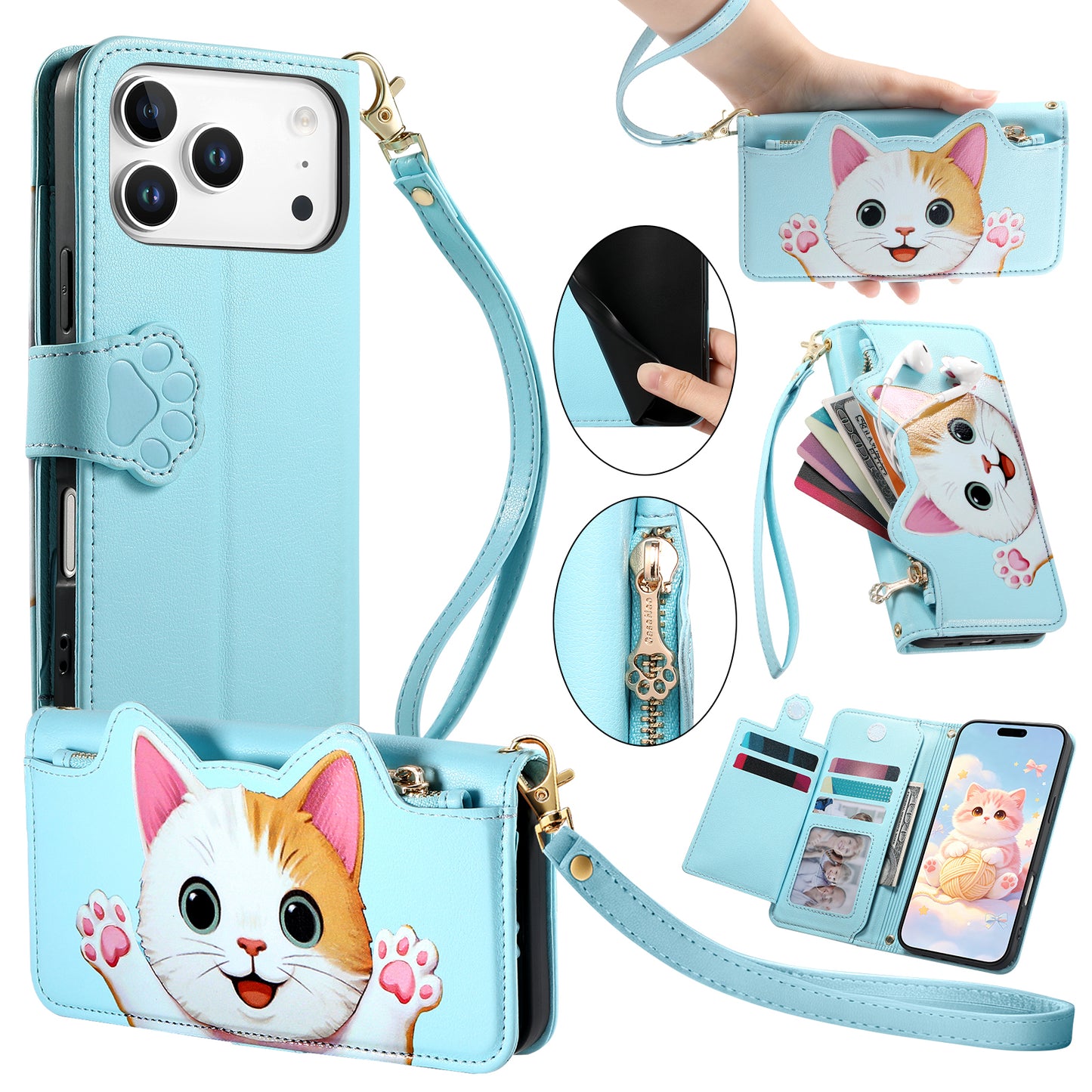 For iPhone 18 Pro / 17 Pro Case Cute Cat Pattern PU Leather Wallet Phone Cover with Wrist Strap
