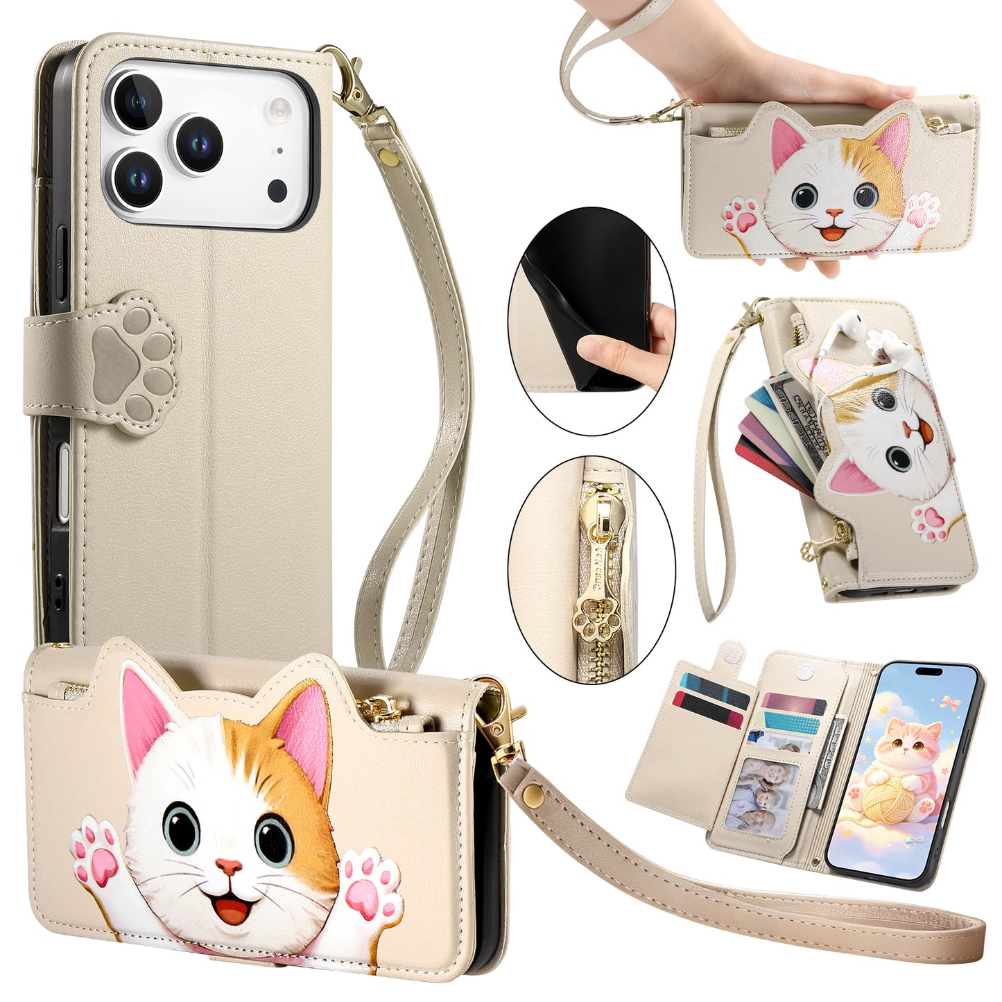 For iPhone 18 Pro / 17 Pro Case Cute Cat Pattern PU Leather Wallet Phone Cover with Wrist Strap