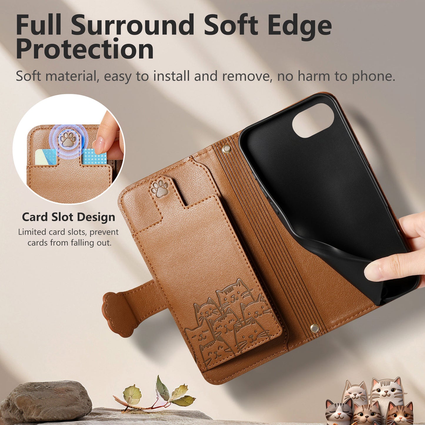 For iPhone 16e / iPhone 17e Case Cute Cat Pattern PU Leather Wallet Phone Cover with Wrist Strap