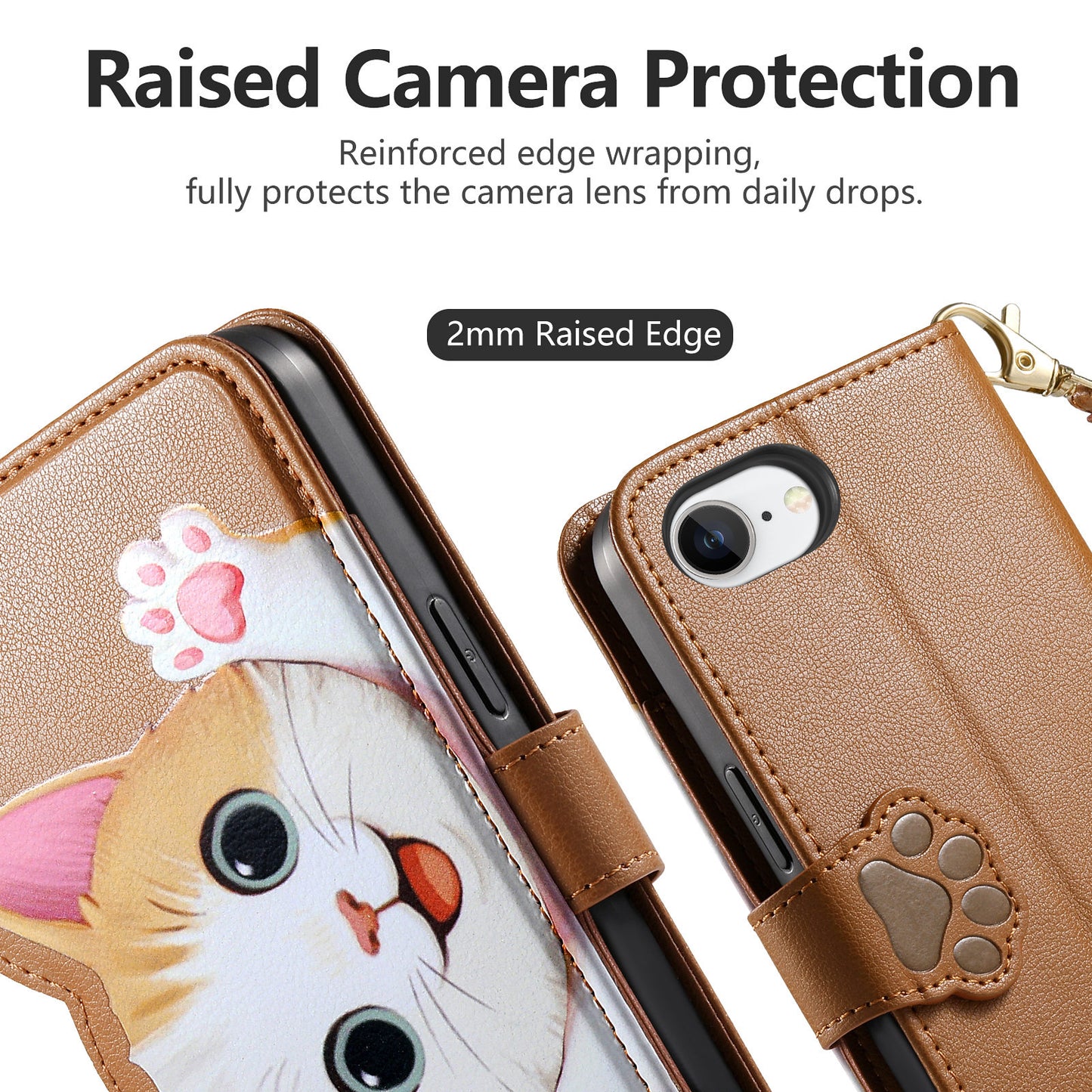 For iPhone 16e / iPhone 17e Case Cute Cat Pattern PU Leather Wallet Phone Cover with Wrist Strap