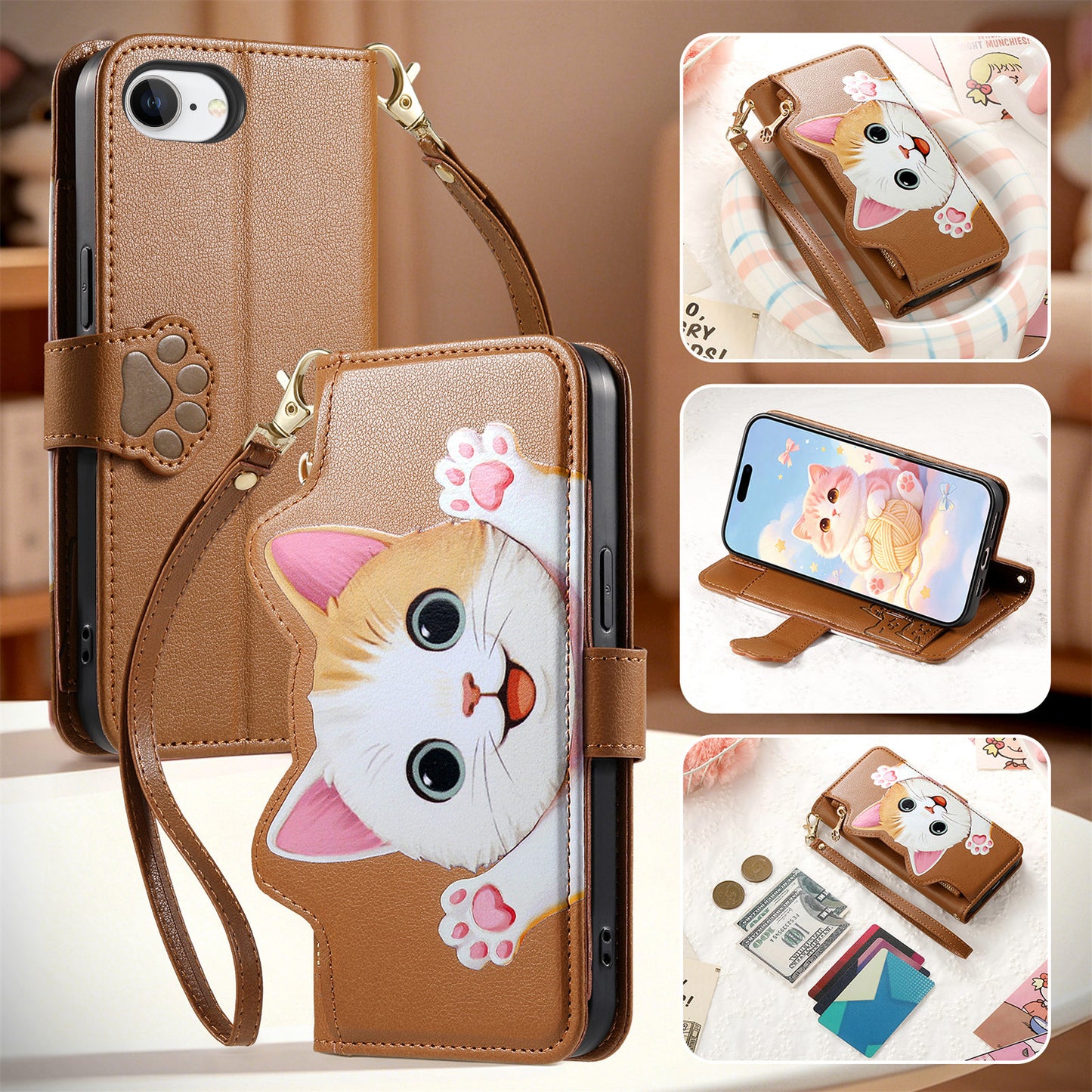 For iPhone 16e / iPhone 17e Case Cute Cat Pattern PU Leather Wallet Phone Cover with Wrist Strap