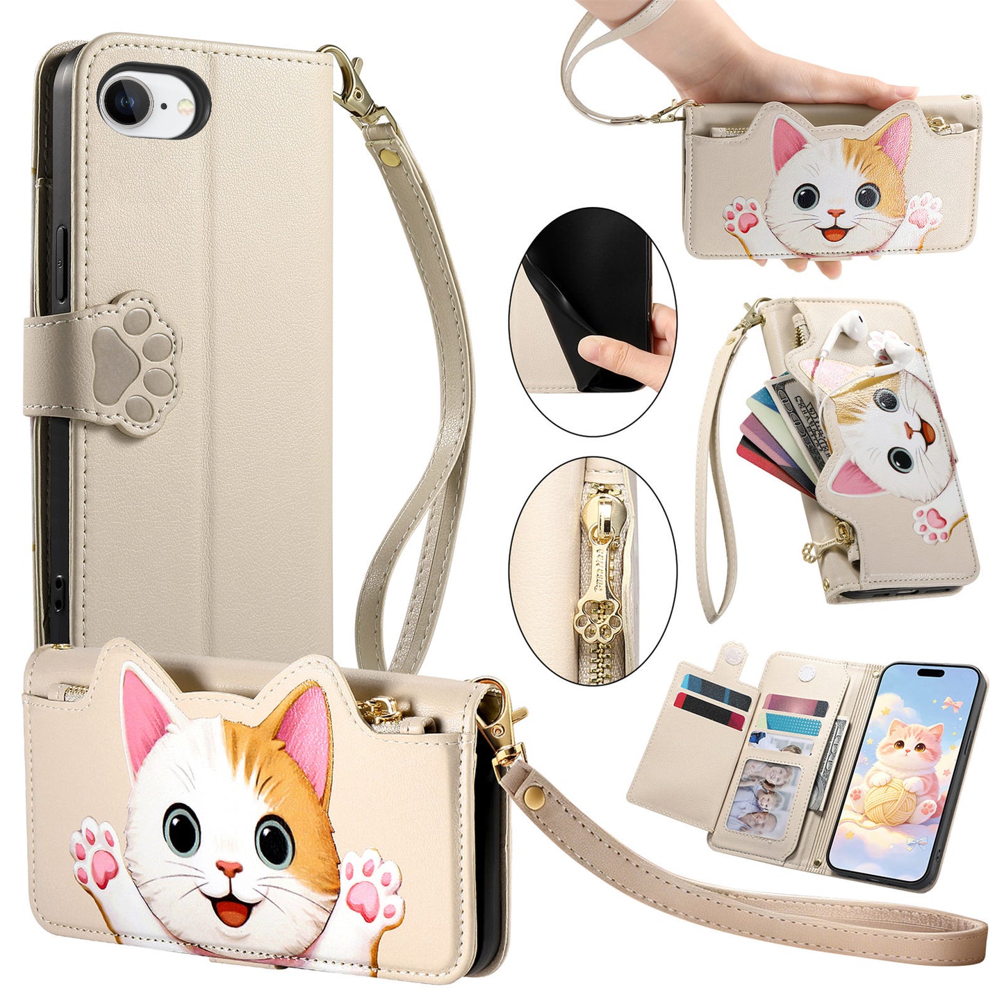For iPhone 16e / iPhone 17e Case Cute Cat Pattern PU Leather Wallet Phone Cover with Wrist Strap