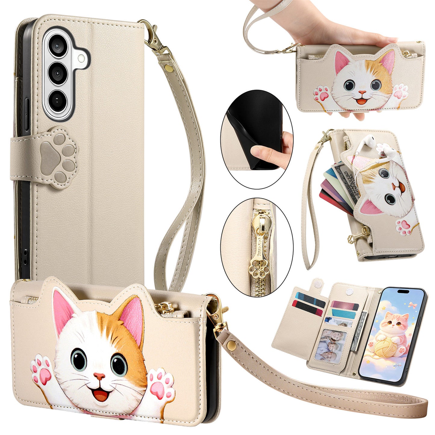 For Samsung Galaxy A37 5G Case Cute Cat Pattern PU Leather Wallet Phone Cover with Wrist Strap
