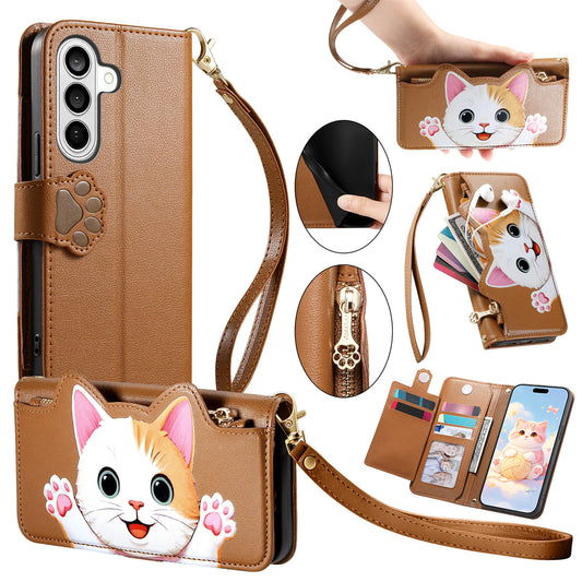 Galaxy S26 Handyhülle – Niedliches Katzenmuster PU-Leder-Geldbörsen- mit Handschlaufe