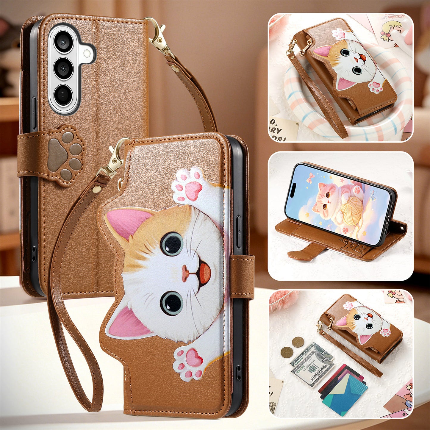 For Samsung Galaxy S26 Case Cute Cat Pattern PU Leather Wallet Phone Cover with Wrist Strap