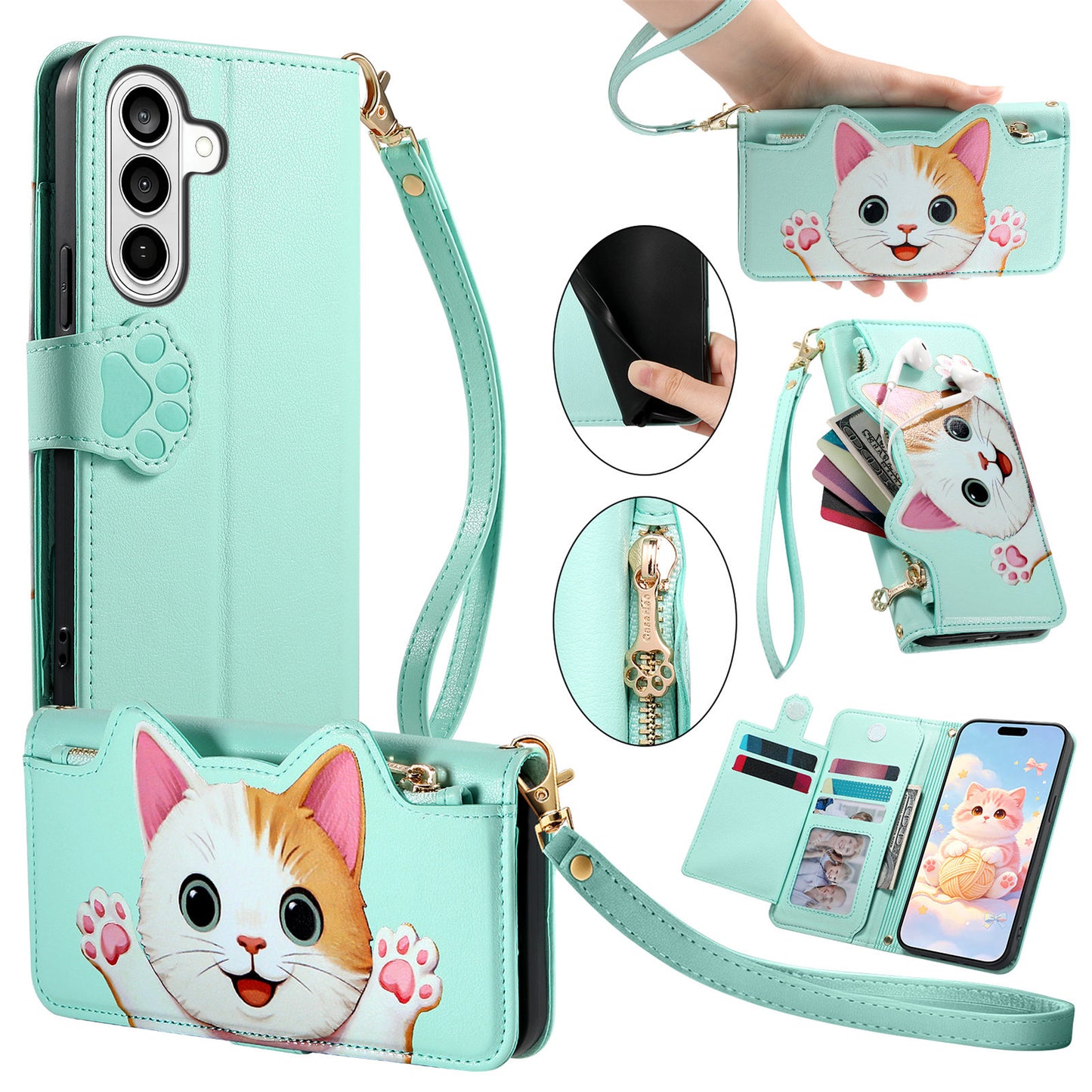 For Samsung Galaxy S26 Case Cute Cat Pattern PU Leather Wallet Phone Cover with Wrist Strap