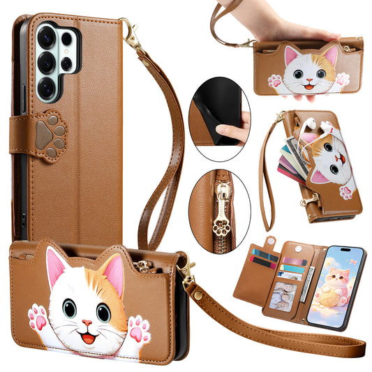 Galaxy S26 Ultra Handyhülle – Niedliches Katzenmuster PU-Leder-Geldbörsen- mit Handschlaufe