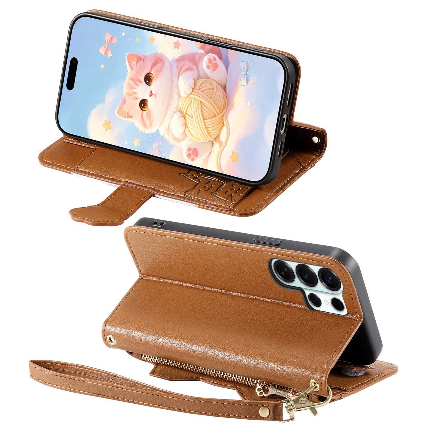 For Samsung Galaxy S26 Ultra Case Cute Cat Pattern PU Leather Wallet Phone Cover with Wrist Strap