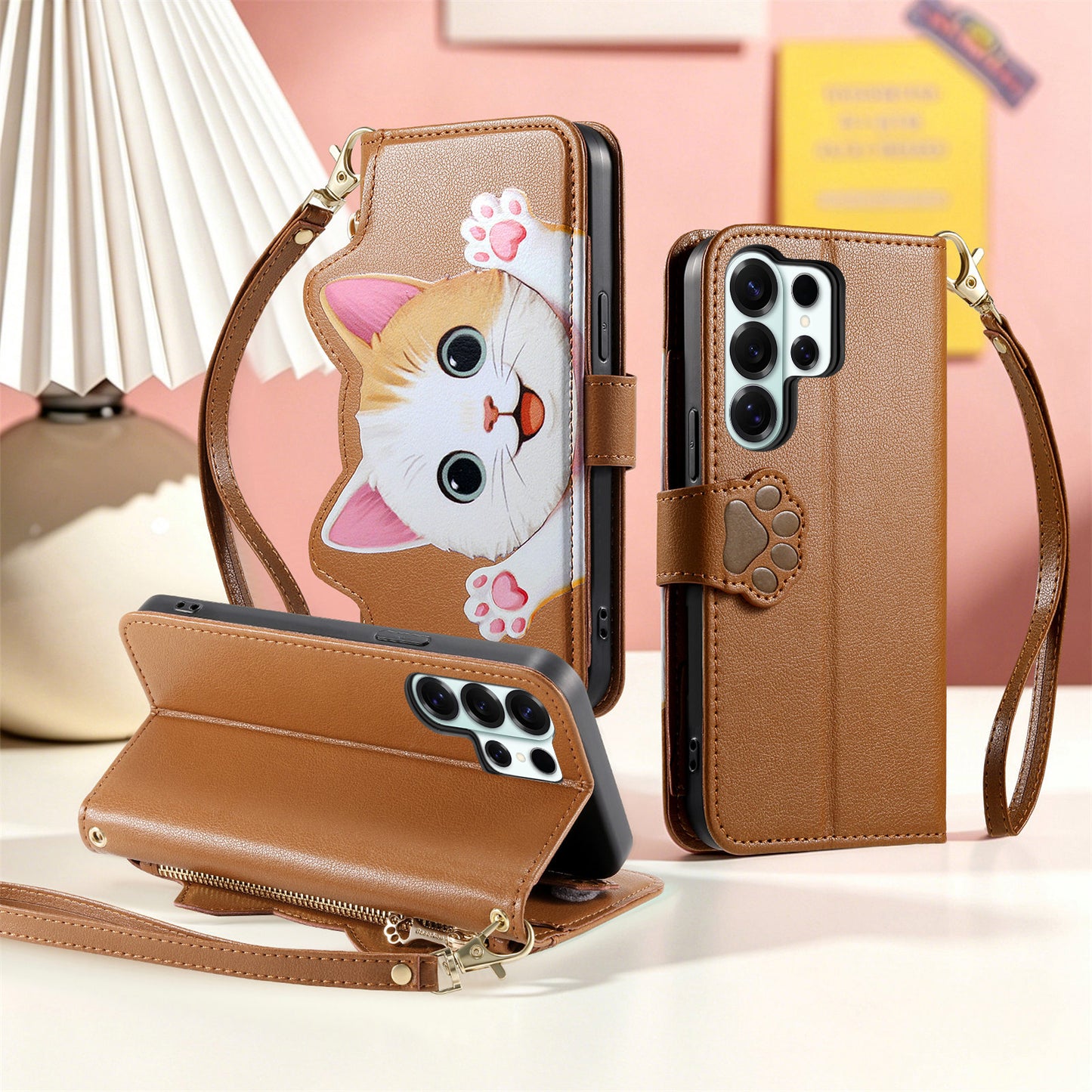 For Samsung Galaxy S26 Ultra Case Cute Cat Pattern PU Leather Wallet Phone Cover with Wrist Strap