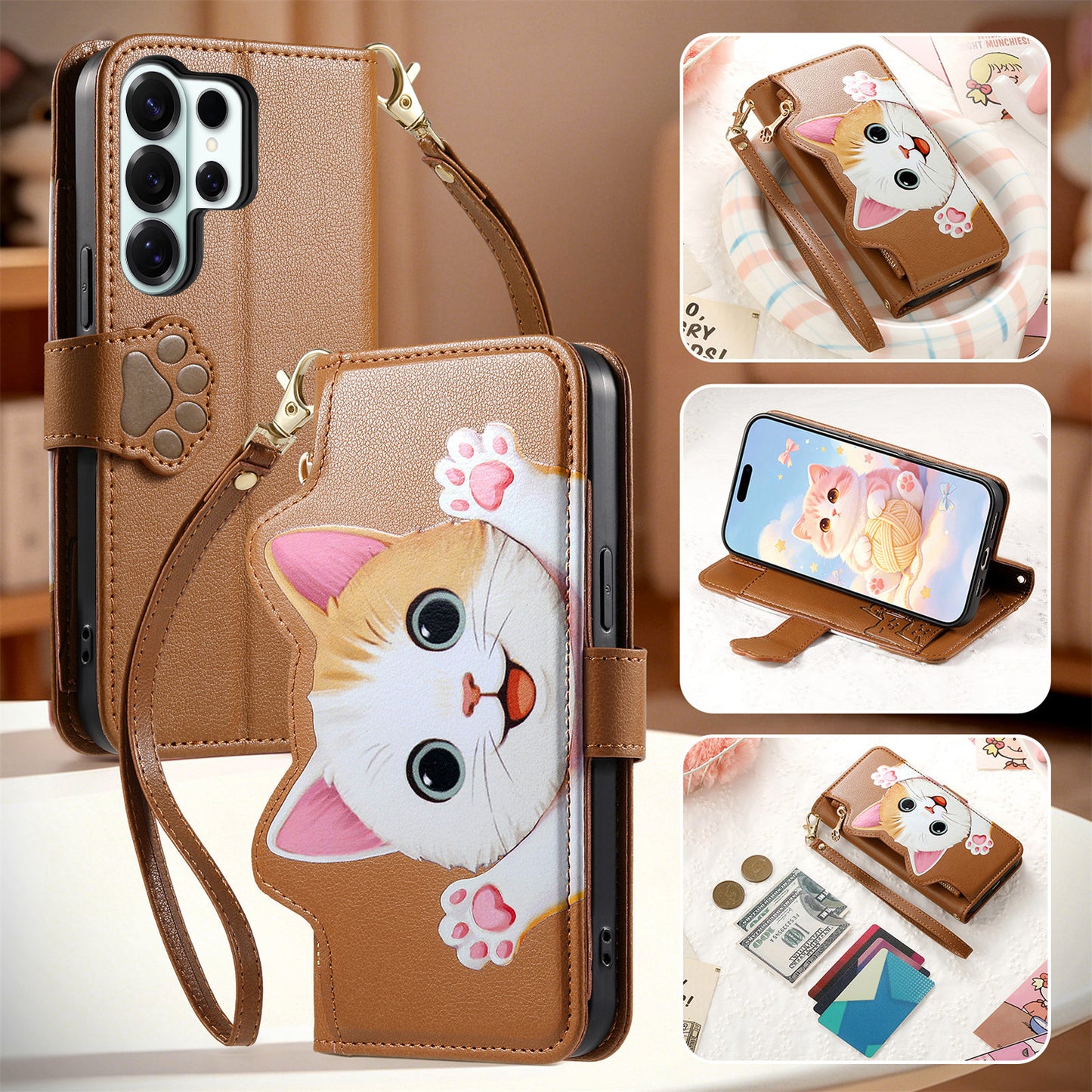For Samsung Galaxy S26 Ultra Case Cute Cat Pattern PU Leather Wallet Phone Cover with Wrist Strap