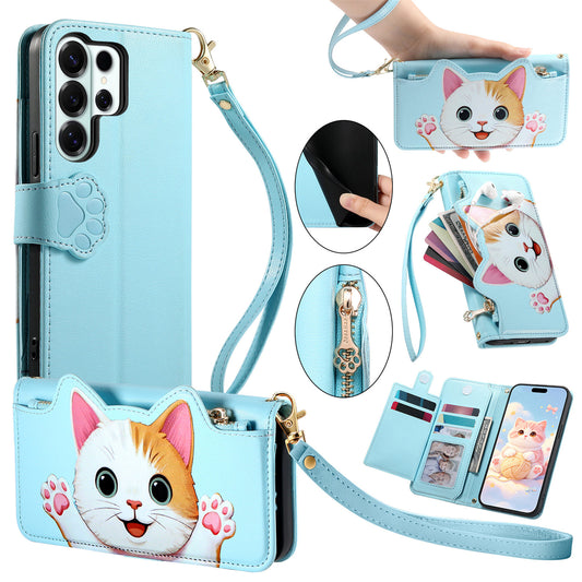 Galaxy S26 Ultra Handyhülle – Niedliches Katzenmuster PU-Leder-Geldbörsen- mit Handschlaufe