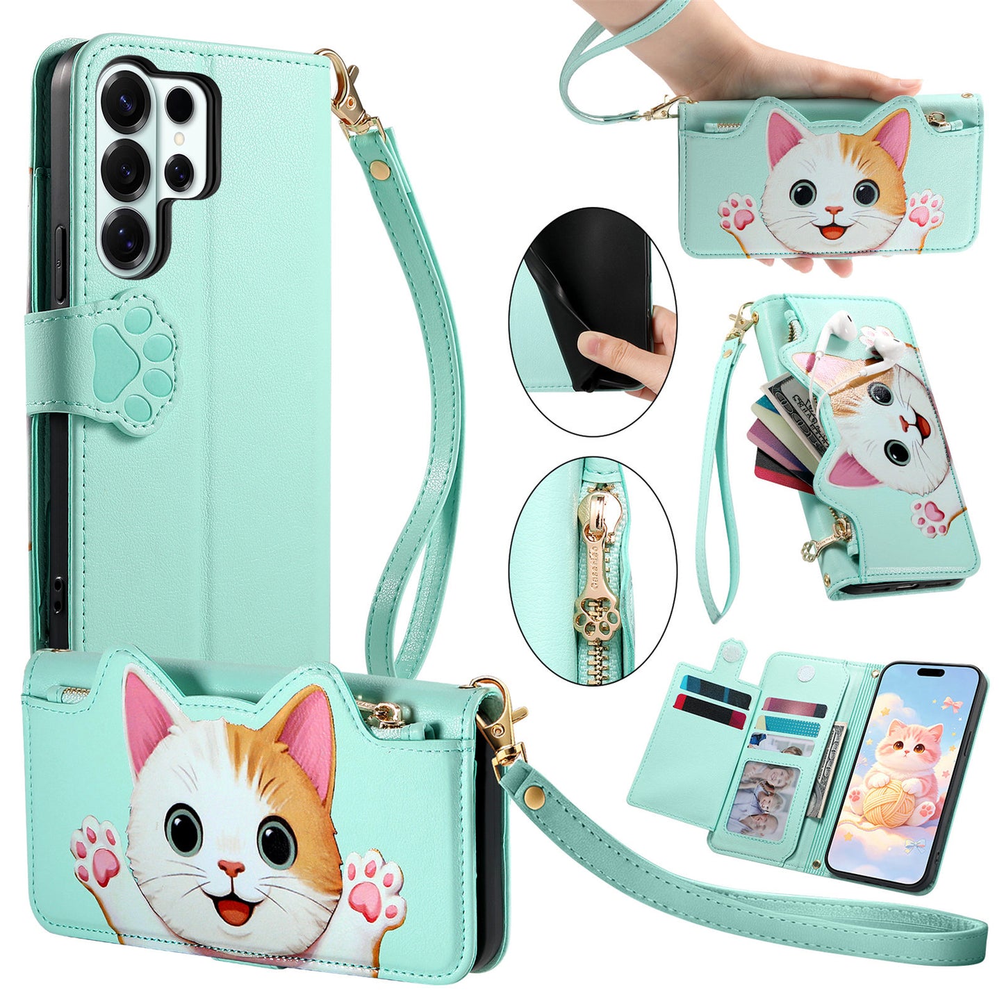 For Samsung Galaxy S26 Ultra Case Cute Cat Pattern PU Leather Wallet Phone Cover with Wrist Strap