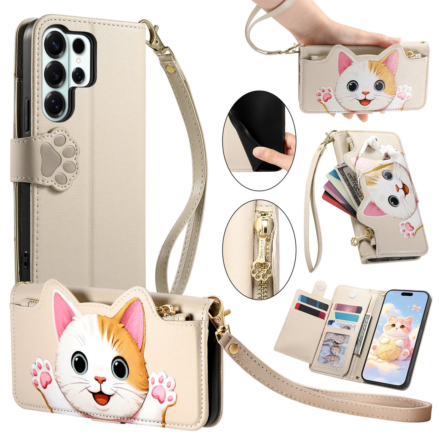 For Samsung Galaxy S26 Ultra Case Cute Cat Pattern PU Leather Wallet Phone Cover with Wrist Strap