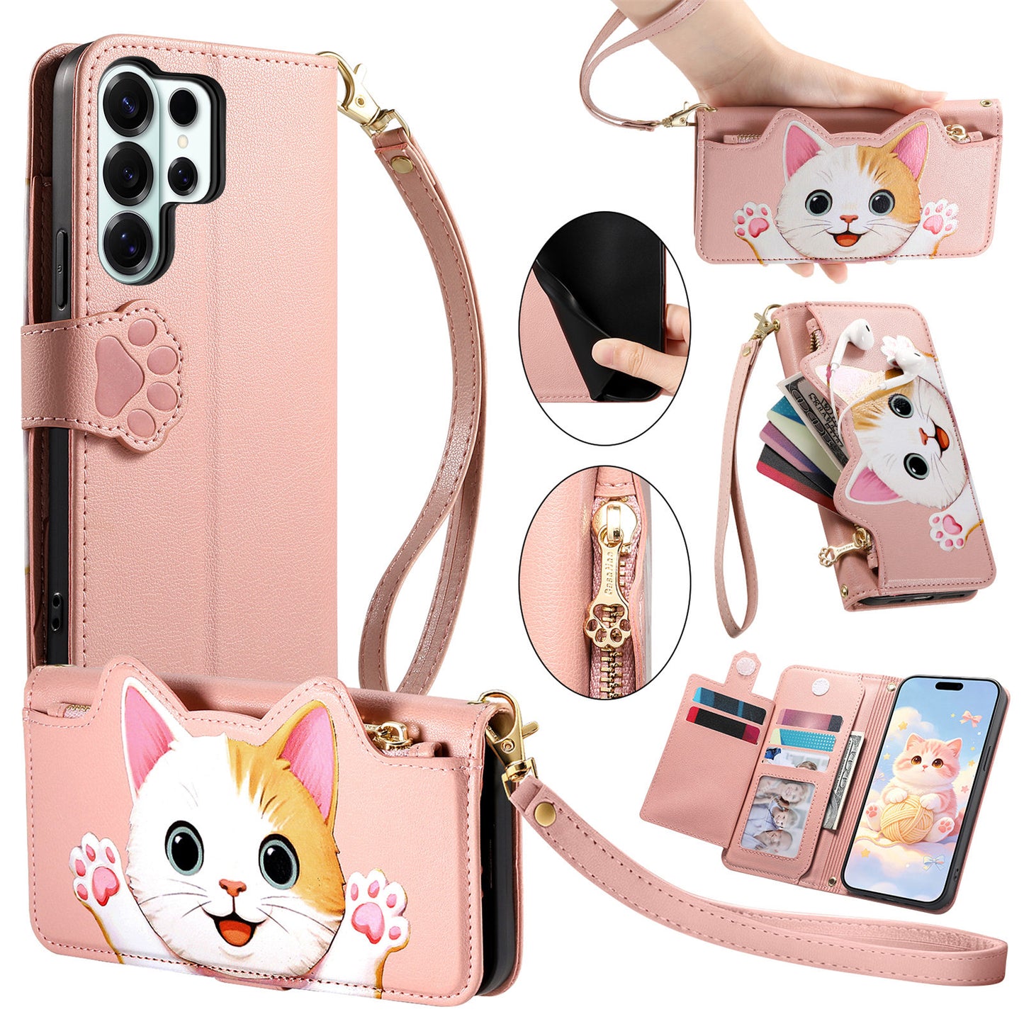 For Samsung Galaxy S26 Ultra Case Cute Cat Pattern PU Leather Wallet Phone Cover with Wrist Strap