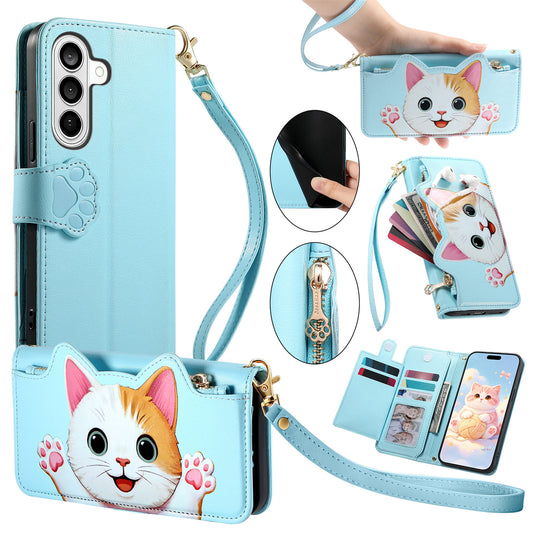 Galaxy S26 FE Handyhülle – Niedliches Katzenmuster PU-Leder-Geldbörsen- mit Handschlaufe