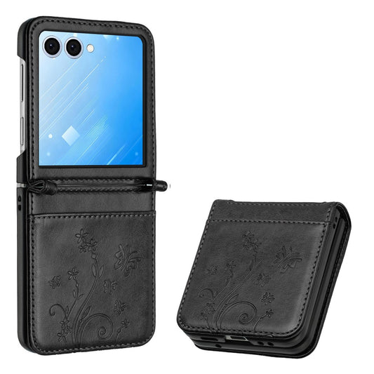 Galaxy Z Flip8 – Handyhülle aus PC und PU-Leder, mit Kartenfach, mit Handschlaufe, mit Blumenmotiv