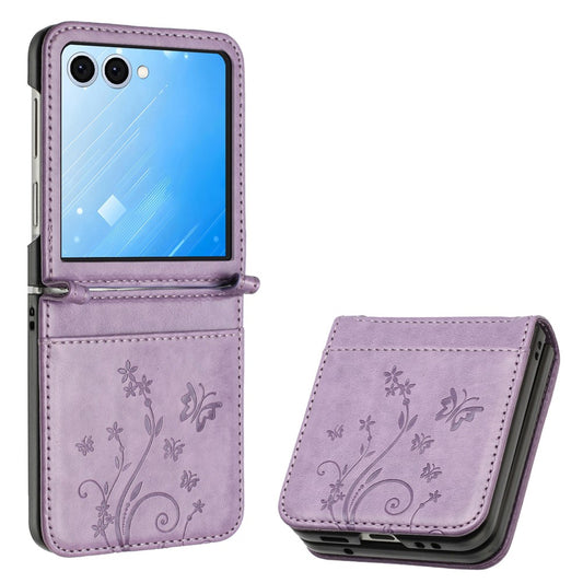 Galaxy Z Flip8 – Handyhülle aus PC und PU-Leder, mit Kartenfach, mit Handschlaufe, mit Blumenmotiv