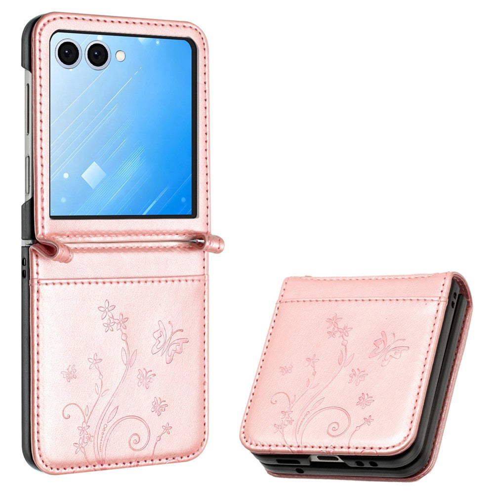 For Samsung Galaxy Z Flip8 Case Butterfly Flower Imprinted Leather Phone Cover with Wrist Strap