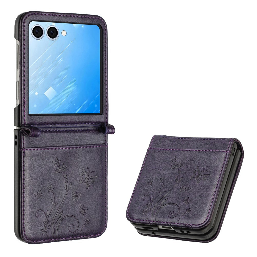 For Samsung Galaxy Z Flip8 Case Butterfly Flower Imprinted Leather Phone Cover with Wrist Strap