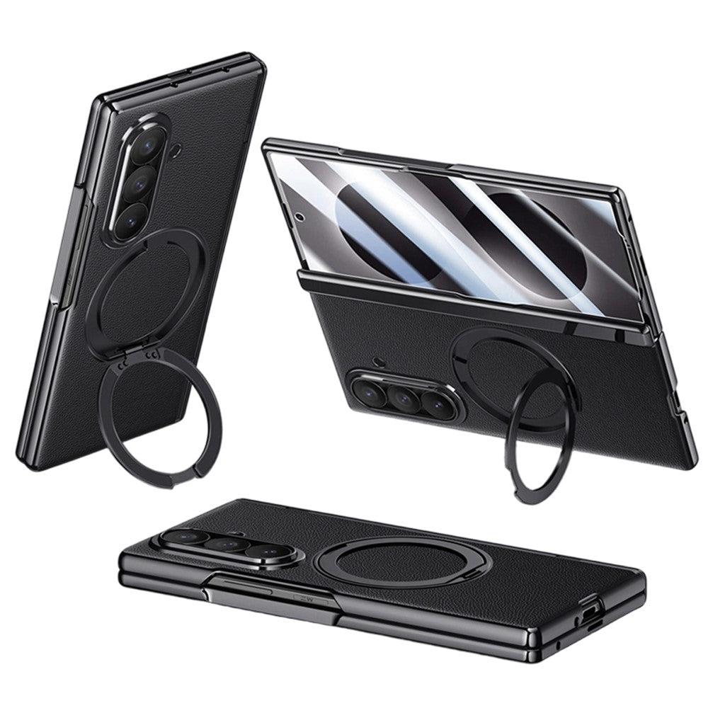 For Samsung Galaxy Z Fold8 Ultra Magnetic Case with Tempered Glass 360° Rotatable Metal Ring Kickstand PU Leather + PC + Acrylic Cover