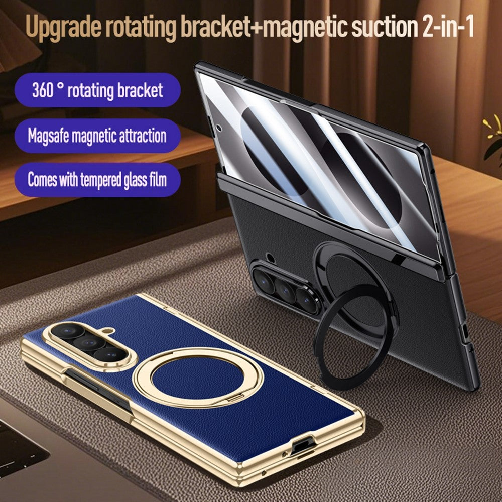 For Samsung Galaxy Z Fold8 Ultra Magnetic Case with Tempered Glass 360° Rotatable Metal Ring Kickstand PU Leather + PC + Acrylic Cover