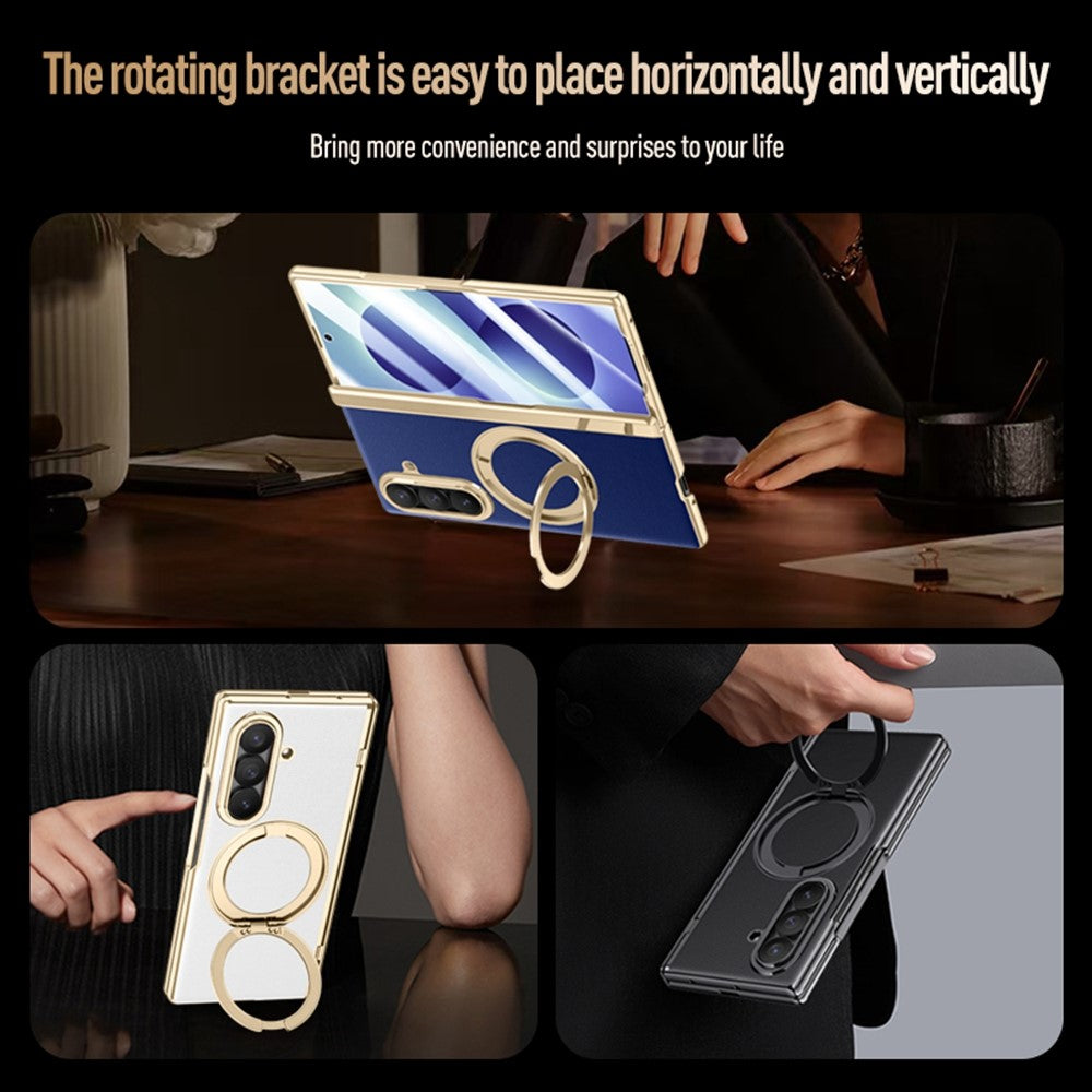 For Samsung Galaxy Z Fold8 Ultra Magnetic Case with Tempered Glass 360° Rotatable Metal Ring Kickstand PU Leather + PC + Acrylic Cover