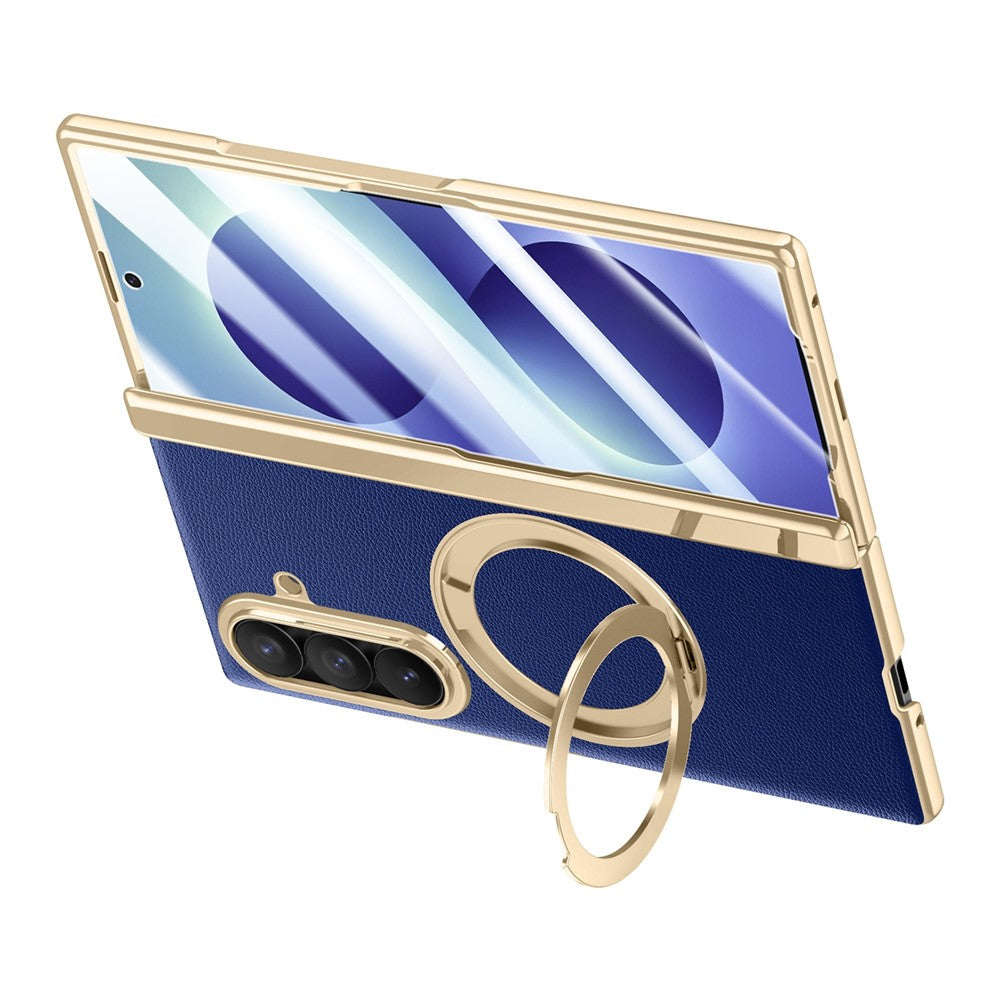 For Samsung Galaxy Z Fold8 Ultra Magnetic Case with Tempered Glass 360° Rotatable Metal Ring Kickstand PU Leather + PC + Acrylic Cover
